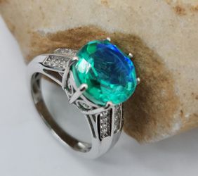 Peacock Quartz. Natural White Zircon.  Ring. 