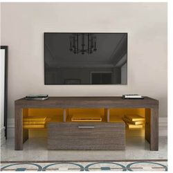 Modern Tv Stand Console with LED Lights and Tempered Glass Shelves for TVs up to 55” , Brown E-31