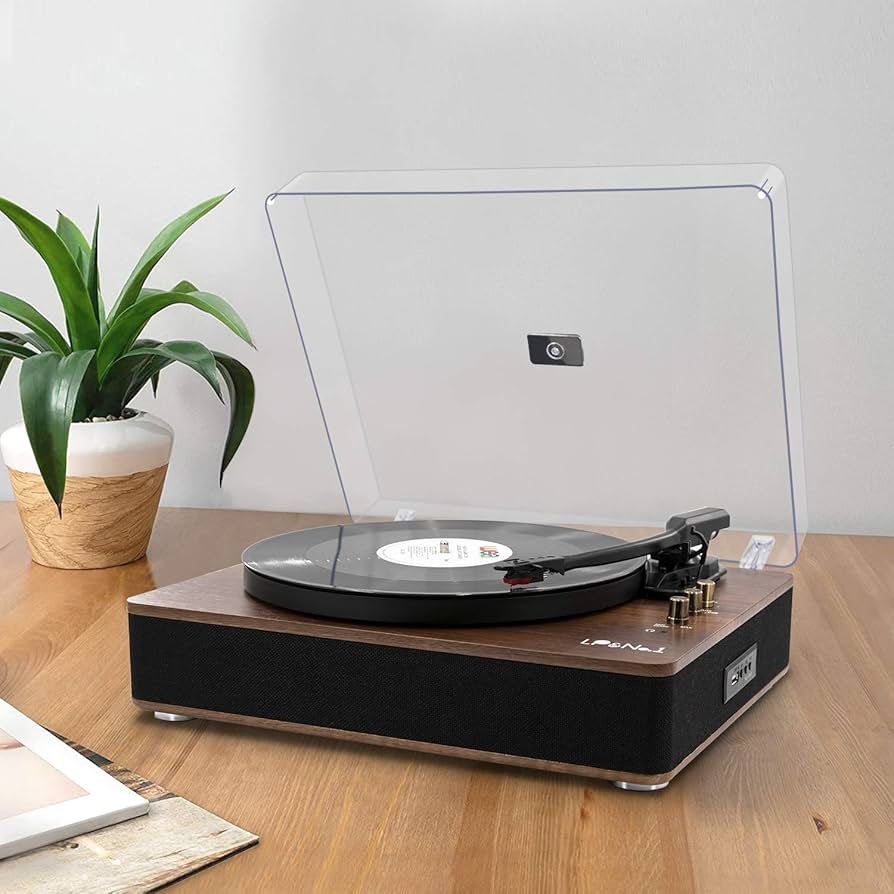 Record Player with Stereo Speakers, 3-Speed Belt-Drive Turntable for Vinyl Records with Wireless Playback and Auto-Stop,Walnut Wood