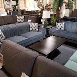 Brand New Gray Velvet Midcentury Modern Sofa + Loveseat 2PCs Set