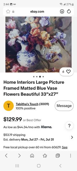 Home interiors large 33"×27" matted blue vase.