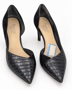 Franco Sarto Black Croc-Embossed Pointed-Toe Kitten Heel Pumps