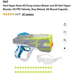 Brand New. Nerf Hyper Rush-40 Pump-Action Blaster and 30 Nerf Hyper
Rounds, 110 FPS Velocity, Easy Reload, 40-Round Capacity. 
