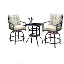 3 Pcs Outdoor Height Bistro Chairs Set Patio Swivel Bar Stools with 2 Yard Armrest Chairs and 1 Glass Top Table, All Weather Steel Frame