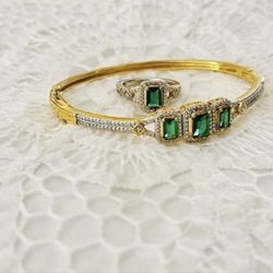 Jewelry Set With Pendant - Gold Plated - Silver Simulated Emerald $85.00