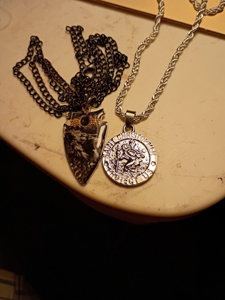 Arrowhead Pendant And Saint Christopher Medal On Chains In Perfect Condition