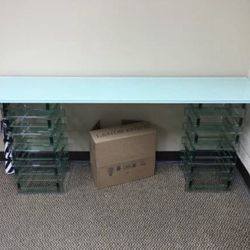 New White Glass Table H28" W69" D16" With Matching Bookcase