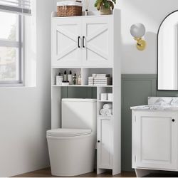MXARLTR Over The Toilet Storage Cabinet, Over Toilet Bathroom Organizer with Barn Doors Above Toilet Storage Cabinet Spacesaver Rack Behind Toilet Bat