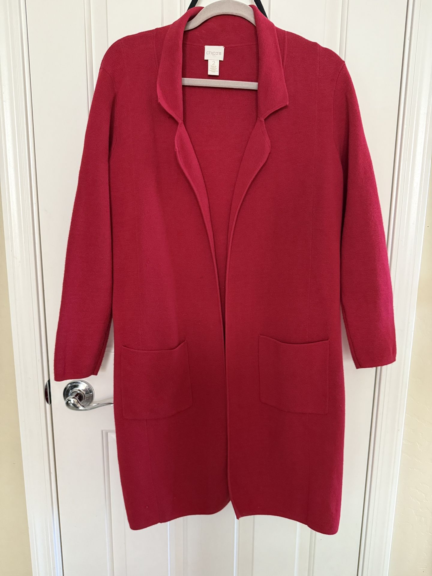 Chico's Sz 2 RED Longline Collared MABEL Open Knit Sweater Duster w/ Pockets EXC