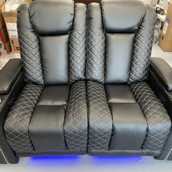 Electric Power Loveseat Recliner With Cup Holder;LED Light;USB Ports;Black