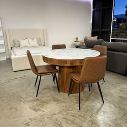 Fluted Wood Dining Table Set with Genuine Marble Stone & Vegan Leather Chairs — Display Sale