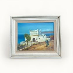 Gracia Bovis Oil On Canvas Painting Of Greece Greek Island Fishing Village White