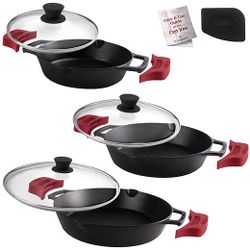 3 pack cast iron skillet set with glass lids
