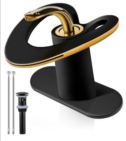 (Brand New in Box)
Black Gold Waterfall Sink Single Hole Vanity 1 Handle Brass Modern Unique Bathroom Faucets, 2 Tone Single Lever Copper Swan Style