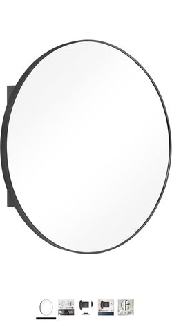 soges Bathroom Medicine Cabinet with Storage Shelf, 19.7 inch Round Mirror Cabinet Wall Mounted, Circle Medicine Cabinet with Mirror Metal Frame,Black