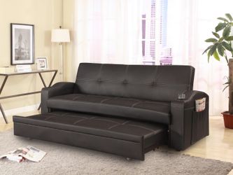 Brand new 84" x 61" black leather pullout sofa bed