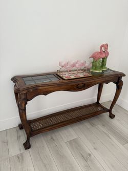 Vintage Wood and Rattan Console Table