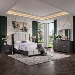 Brand New Stunning Brown with Beige 4 Piece Bedroom Set-AVAILABLE IN QUEEN AND KING