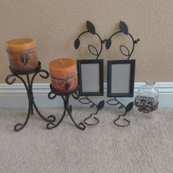 New Wrought Iron 5 piece set 2 candle holders with candles  2 wall frames 4x6  1 glass vase $20.00 