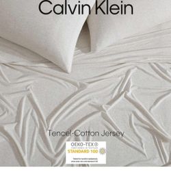 Calvin Klein - Queen Bed Sheets, Cotton Melange Jersey Bedding Set with Deep Pockets, Super Soft & Cozy Bedding Essentials (Modern Cotton Ivory/Grey, 