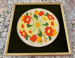 Vintage 1970’s Framed Handmade Needlepoint Gobelin Stitch Artwork of Red Yellow Green Orange Flowers