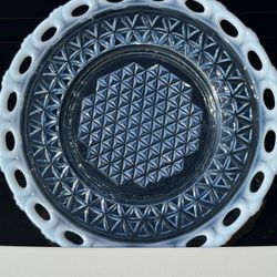 Antique pressed glass serving platter with applied milk-glass lace edge. 