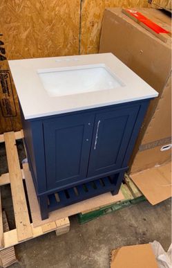 24” Bathroom Vanity Navy Blue bath cabinet with stone top sink