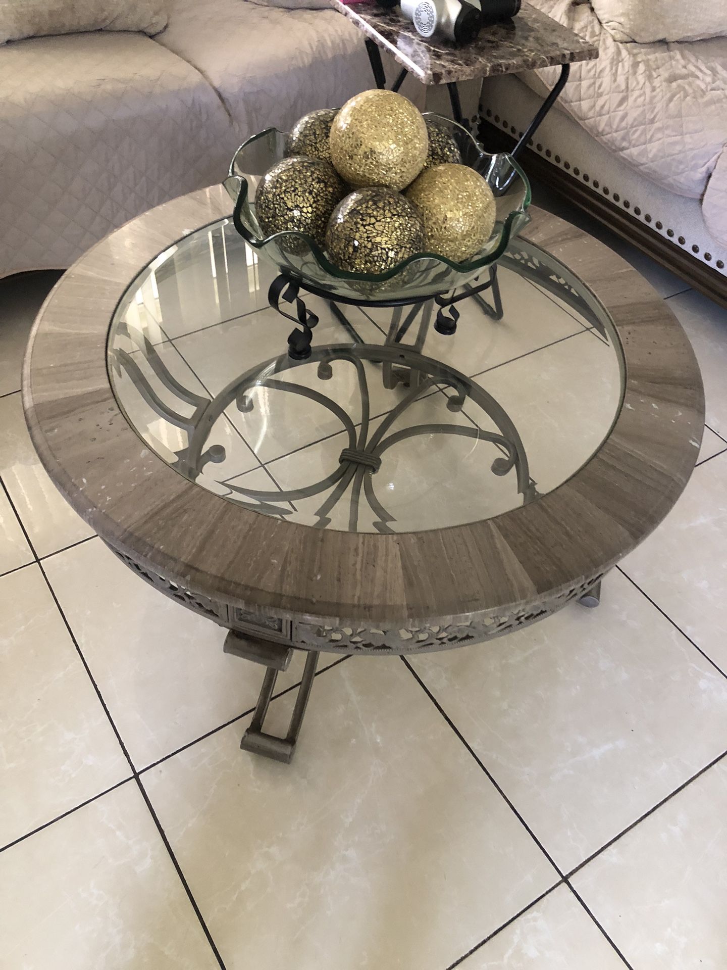 2 Round Gray Metal Accent Tables with Glass Top, Gray