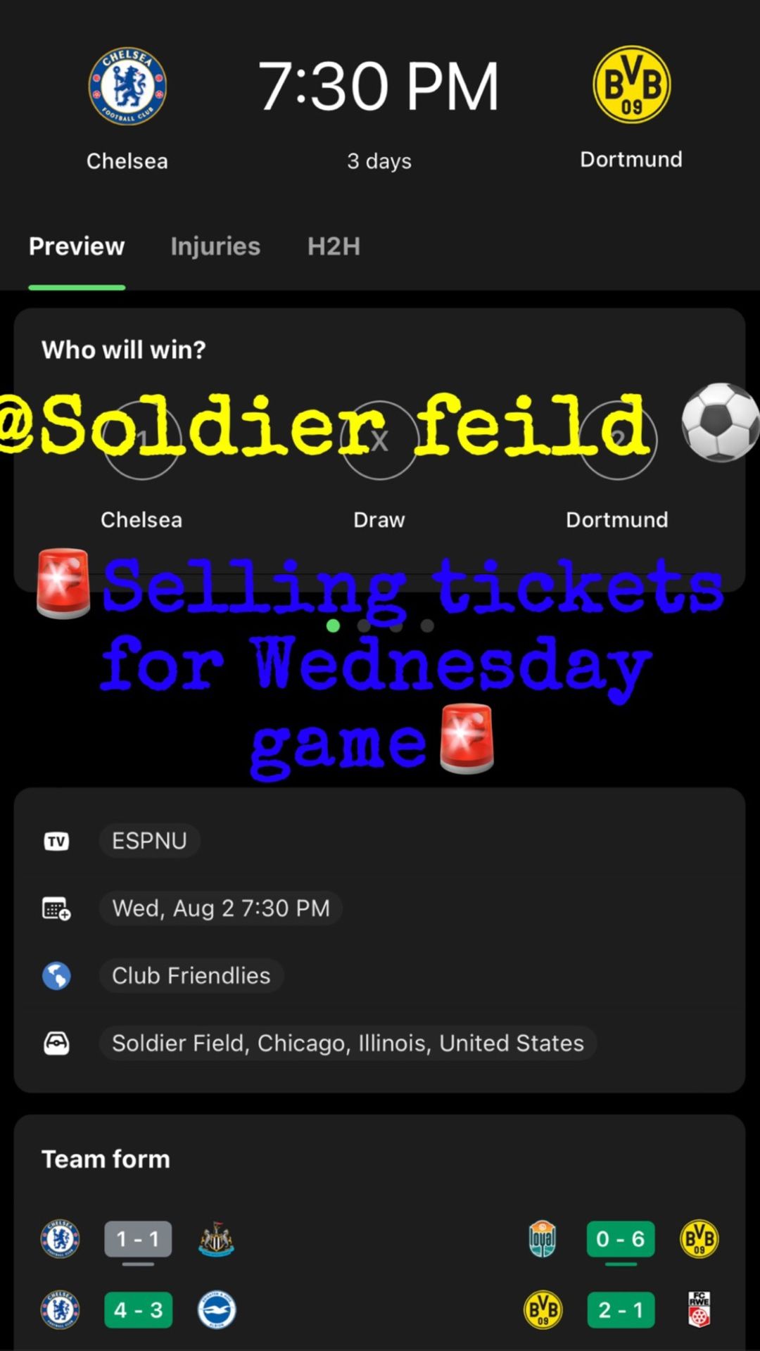 Soldier Field⚽️ Chelsea Vs Dortmund ⚽️ Section 128 Row 8
