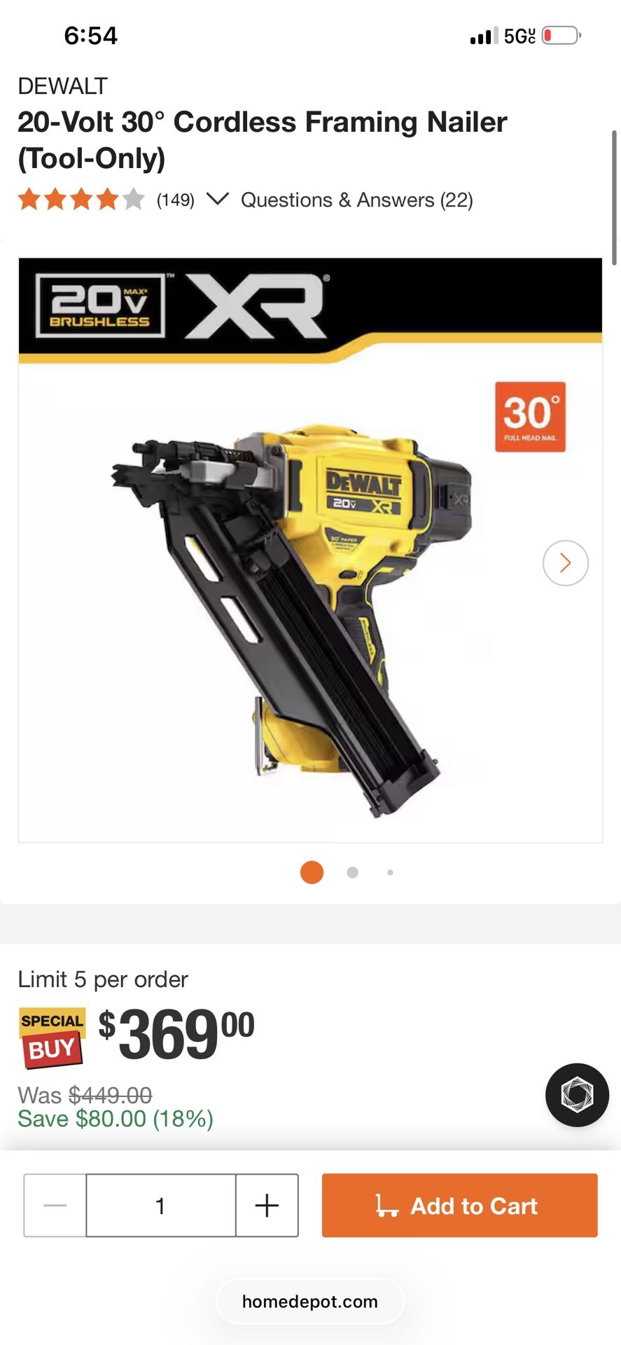 DEWALT 20-Volt 30° Cordless Framing Nailer (Tool-Only)