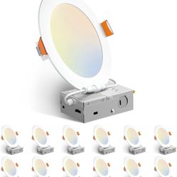 Amico 12 Pack 6 Inch 5CCT Ultra-Thin LED Recessed Ceiling Light with Junction Box, 1050LM Brightness, Dimmable Canless Wafer Downlight, 12W, ETL&FCC
