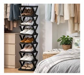 9 Tier Shoe Rack Hat Storage Organizer Black Plastic Narrow Vertical Space Saver Rack