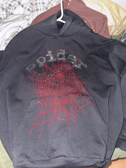 Sp5der Black Hoodie Red Rhinestone Web