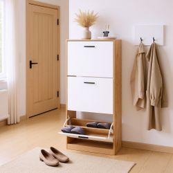 Homy Casa Liora Modern Shoe Cabinet with 3 Tilt-Out Drawers, White & Natural