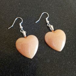 Peach pearl heart dangle earrings with silver hooks handmade new Resin