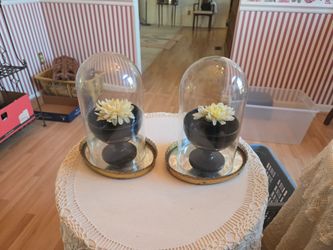2 Decorative Flowers In Footed Mirror Bowls With Glass Domes