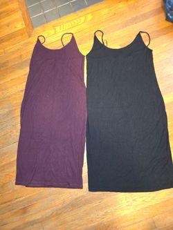 Set of 2 Ribbed Midi Slip Dresses - Black and Plum Lg