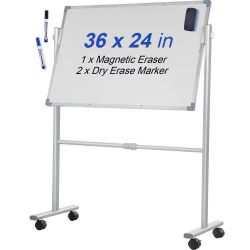 780#Mobile Magnetic Whiteboard, 36 x 24 Inch, Double Sided, 360 Degree Reversible Rolling Dry Erase Board, Height Adjustable with Aluminum Frame and L