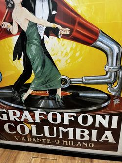 Huge Beautiful Framed Vintage Poster “GRAFONFONI COLUMBIA” Via Donte 9-Melani Italy 41” Wide X 57” Height 