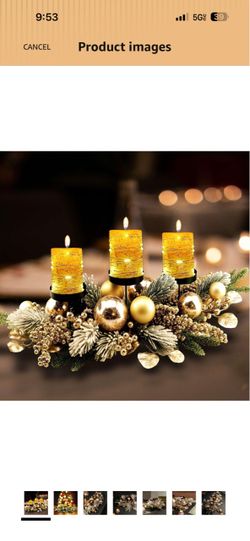 YULETIME 28" Christmas Triple Candelabrum, Golden Baubles, Berries & Leaves Three Trays Holder, Tray diameter 3.15-in, Candles Not Included, Holiday C