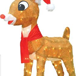Christmas Holiday Season Decoration Yard Display, Lighted Reindeer with Hat and Scarf, Blinking Red Nose, Good Condition.