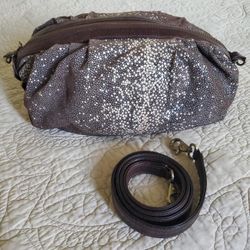 Bryna Nicole Brown Leather Pebble Stingray Boho Clutch Bag Damask Lining Y2K