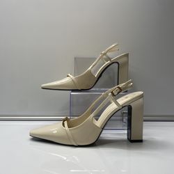 ZARA Slingback Block Heel Pumps Women US 8.5 Cream Faux Leather Ankle Strap