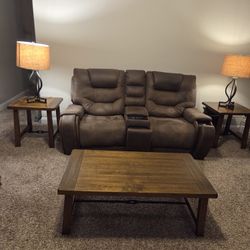 Faux  Leather Electric Sofa, Loveless, Tables, And Lamps.