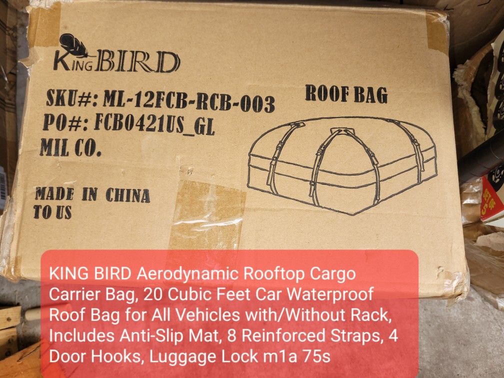 KING BIRD Aerodynamic Rooftop Cargo Carrier Bag, 20 Cubic Feet Car Waterproof Roof Bag for All Vehicles with/Without Rack, Includes Anti-Slip Mat, 8 R