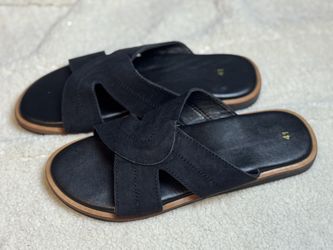Black Suede Leather Cross Strap Slide Sandals Open Toe Unisex US Men’s 8 Women’s 9 