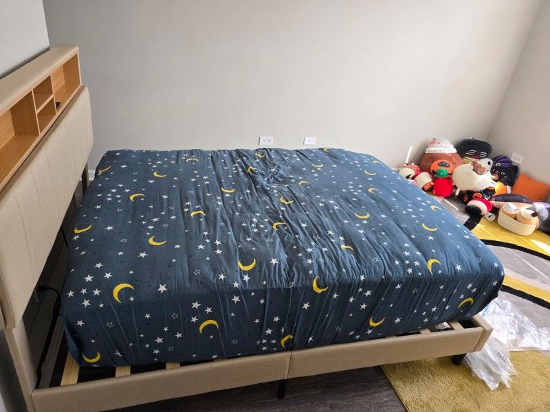 FULL SIZED BED WITH CHARGING SHELVES NEED TO SELL ASAP