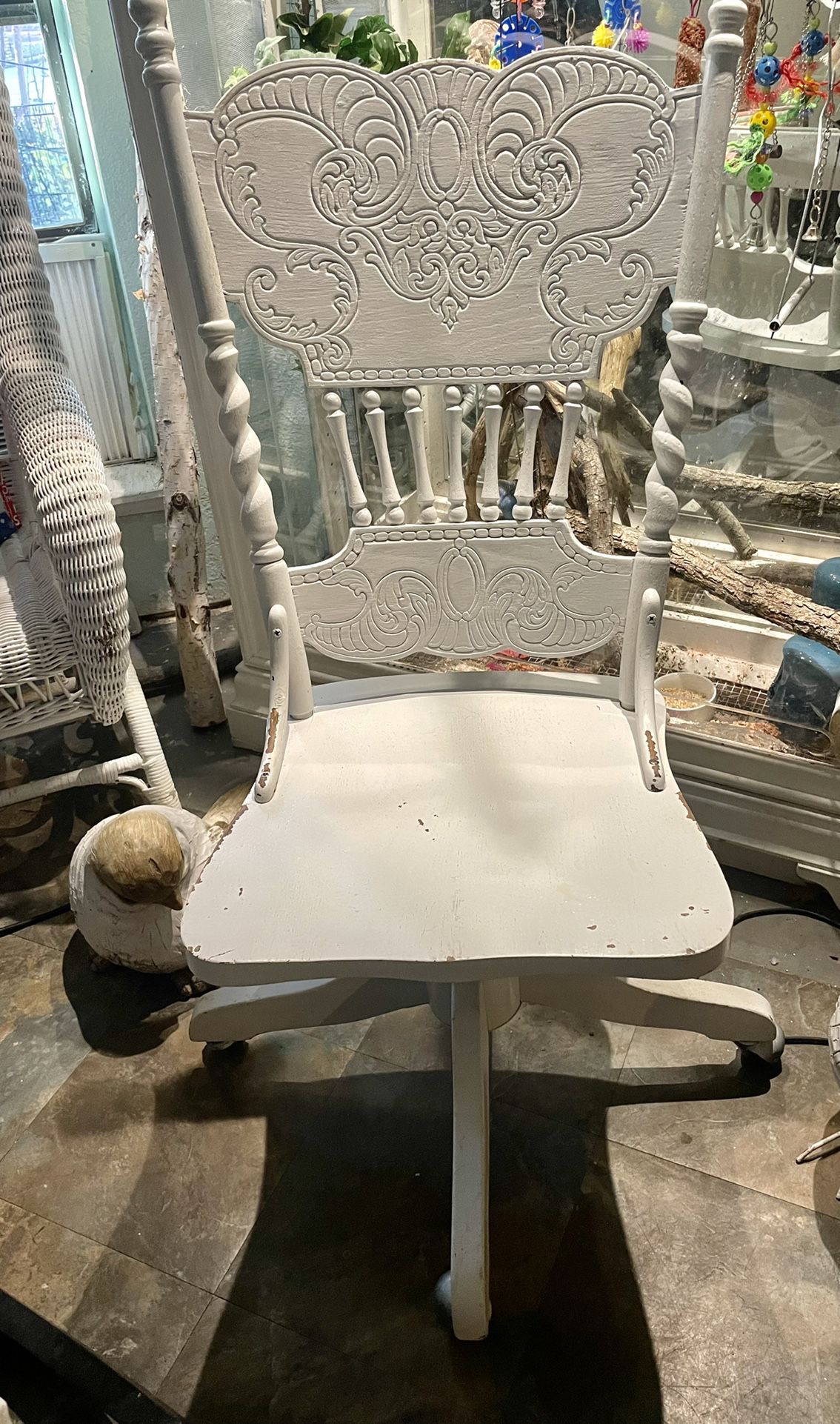 Beautiful Vintage White Carved Rolling Desk Chair 