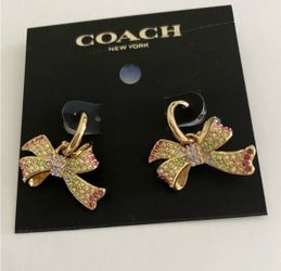 Coach Pave Bow Huggie Earrings Gold Tone With Multicolored Stones $128