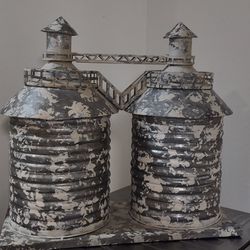 DECORATIVE Galvanized Twin Silo, 13 inches high x 14 inches long x 6.5 inches wide, weight 2.853 lb